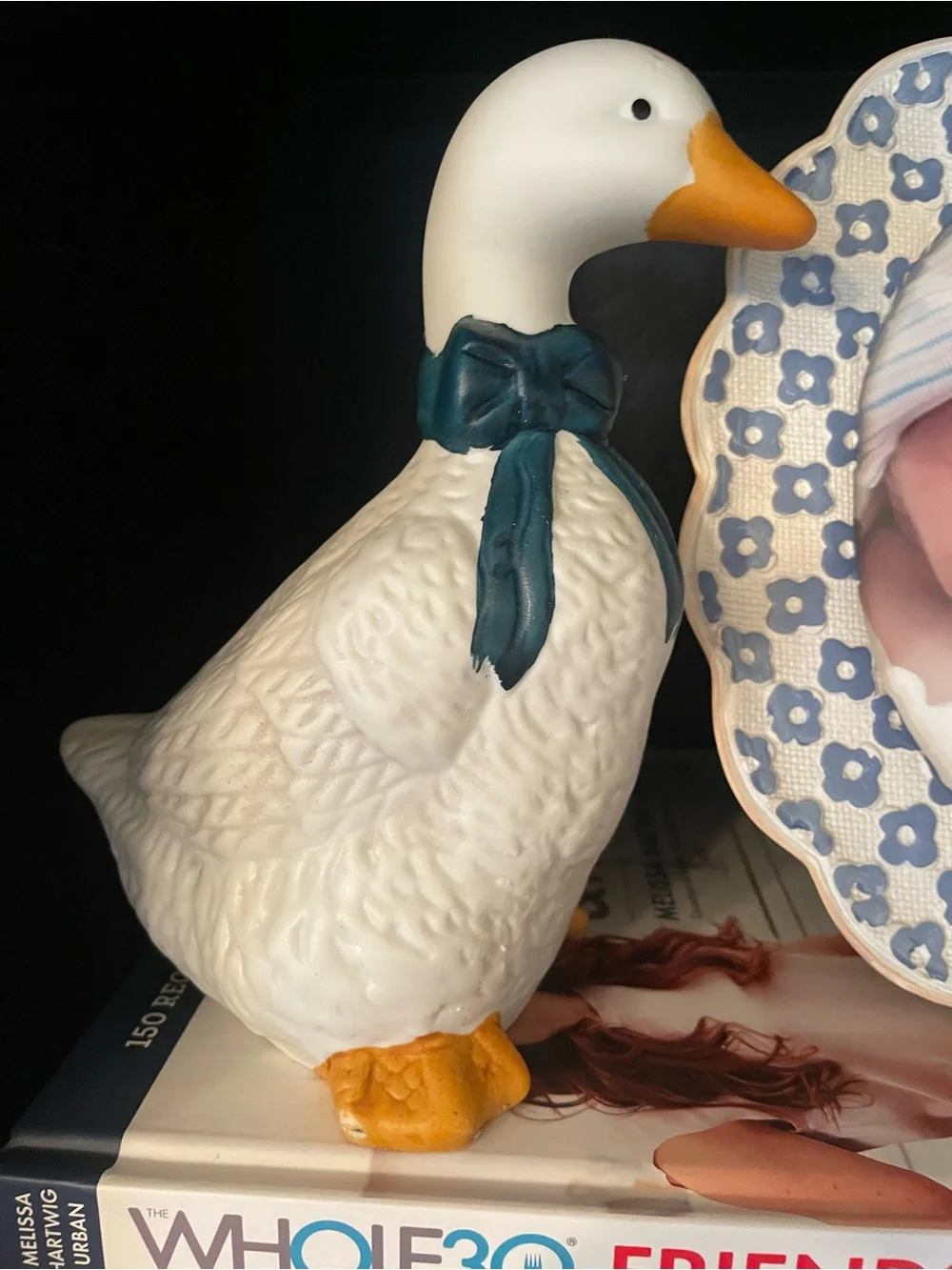 Vintage ceramic goose with blue bow 90s decor aesthetic